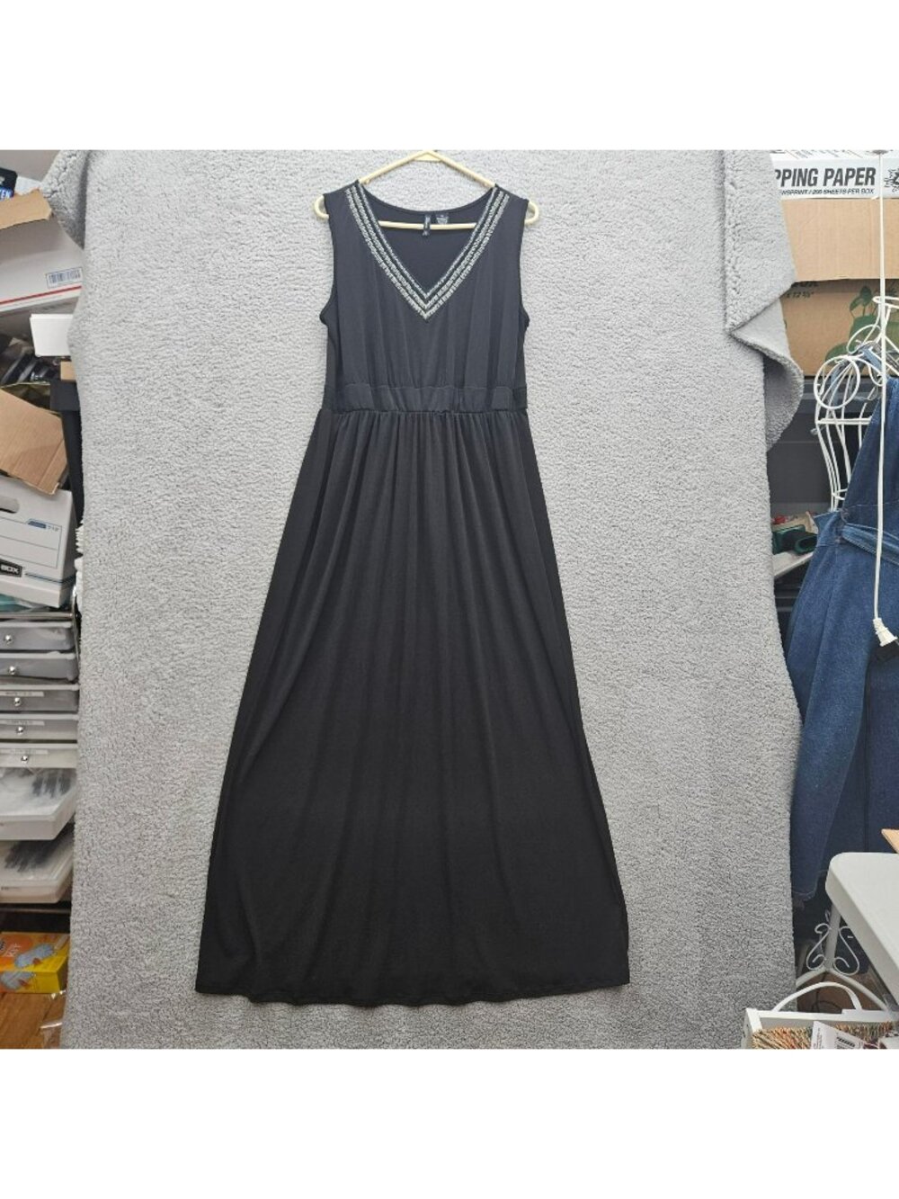 New Directions Woman Black Maxi Dress 1X Sleeveless Embellished V-Neck Stretchy
